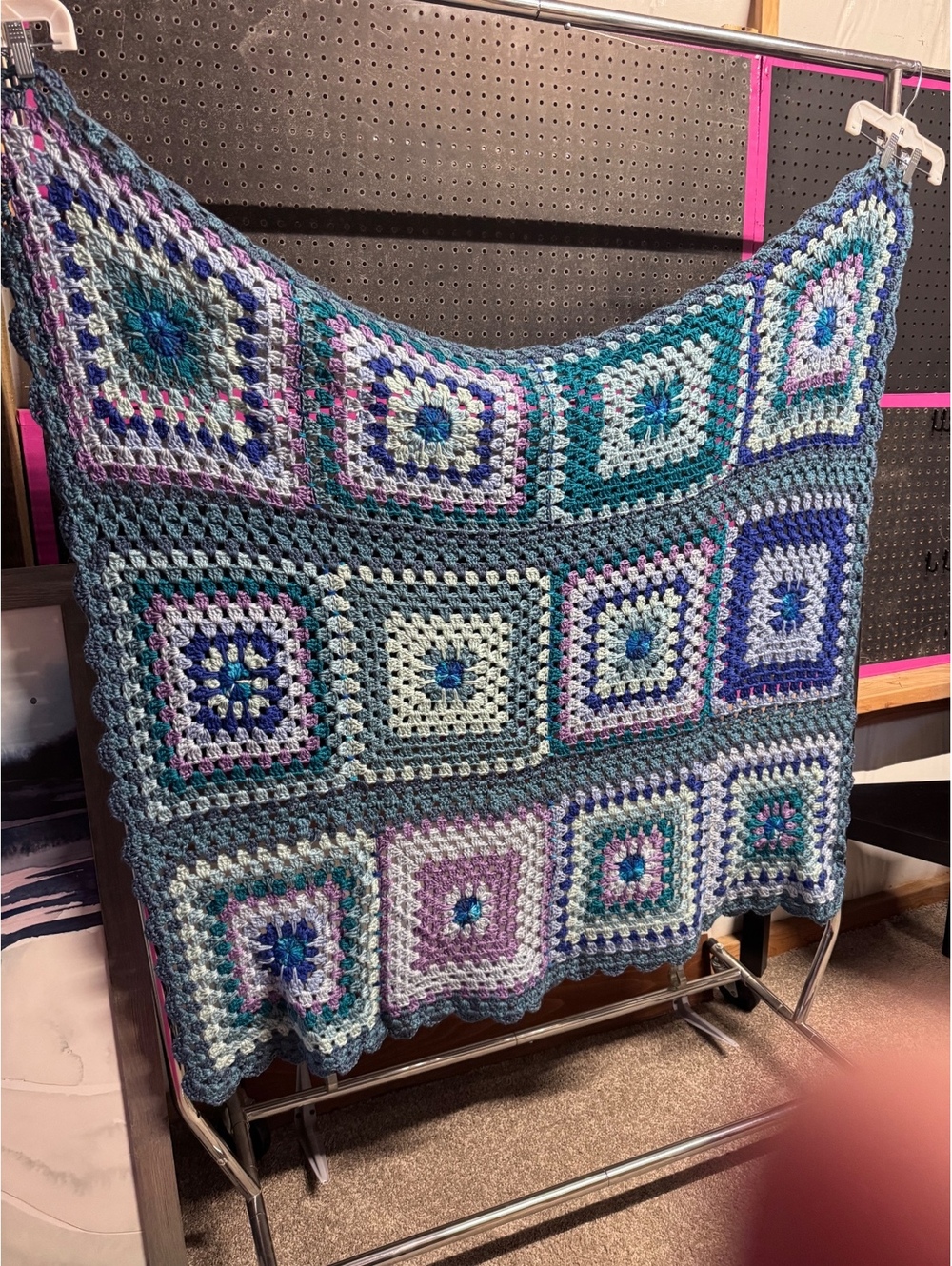 Handmade Crochet Granny Square Blanket 48x48 Blue Teal Purple New Unwashed